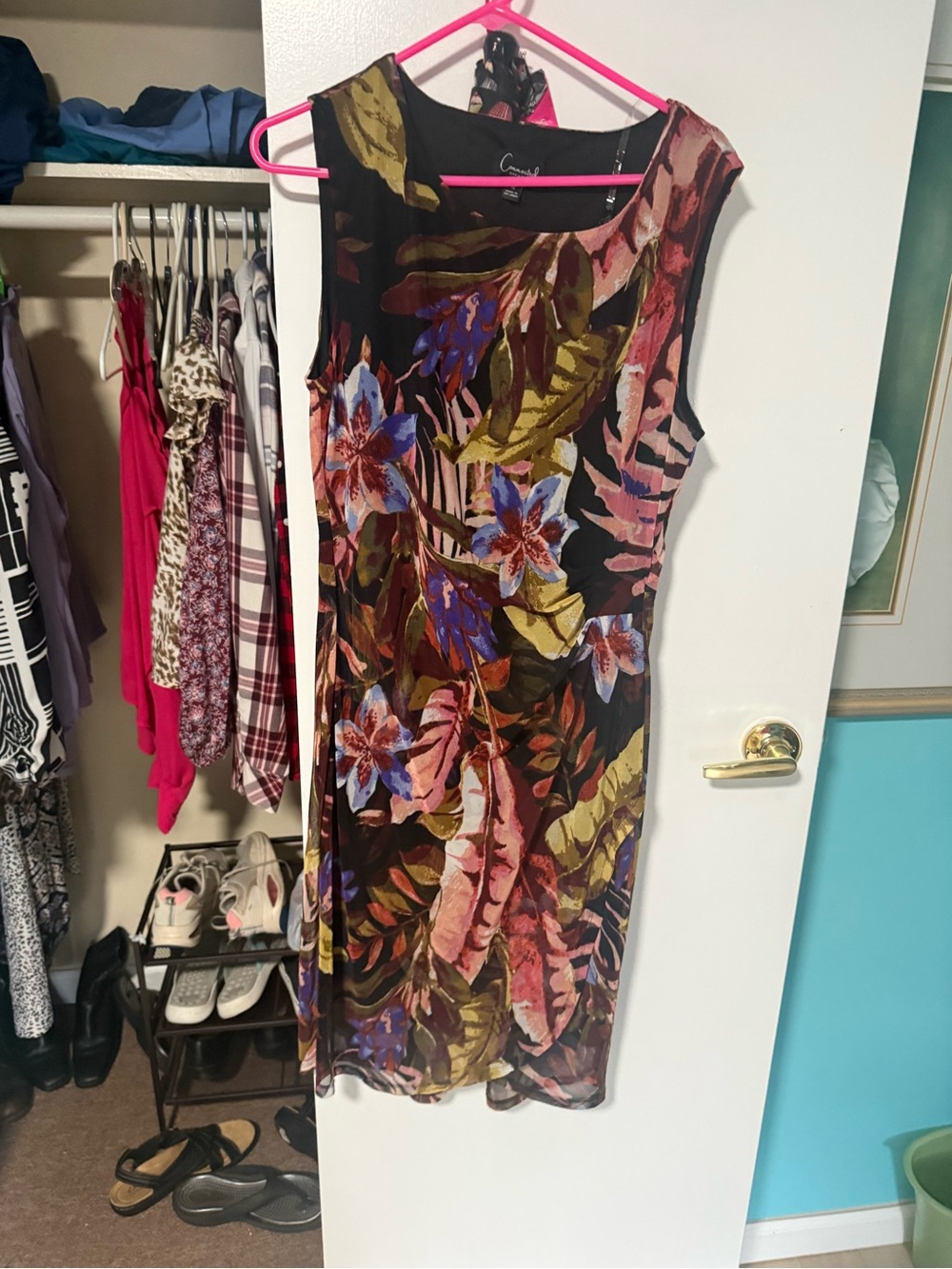 connected apparel Black Floral Midi Dress with Pink, Purple & Olive Leaves